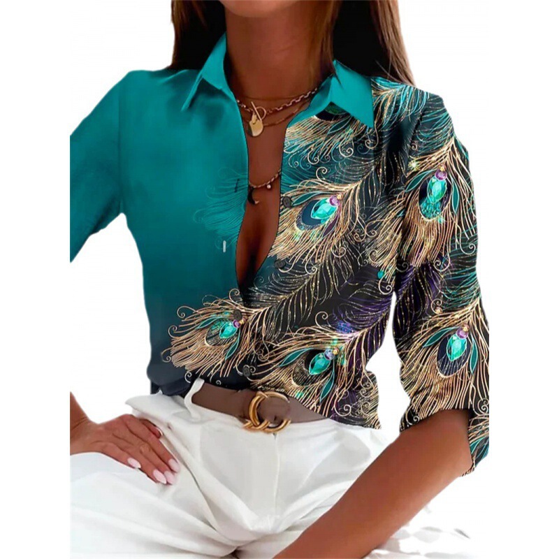 2024 hot new cross-border gem feather 3 digital printing fashion personality long sleeve shirt women