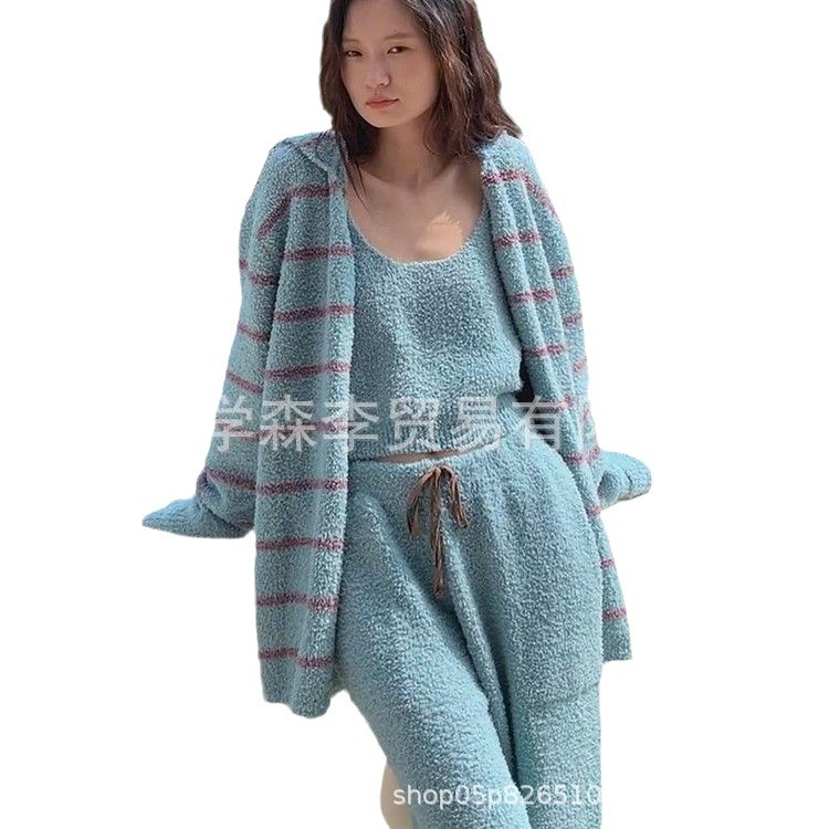 [장 루난 같은 스타일] 하프 벨벳 파자마 여성 3 피스 가을 및 겨울 줄무늬 세트 185 에 두꺼운 홈 옷