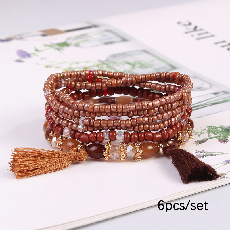 Summer Trendy Personalized Bracelets Wholesale Six-Layer Elastic Tassel Bracelets Creative Rice Bead Handmade Ethnic Jewelry Natural