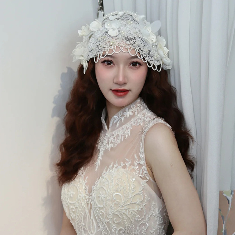 French-style vintage bridal lace bonnet, featuring a petal design inspired by the Republic of China era, a new and versatile accessory for dresses