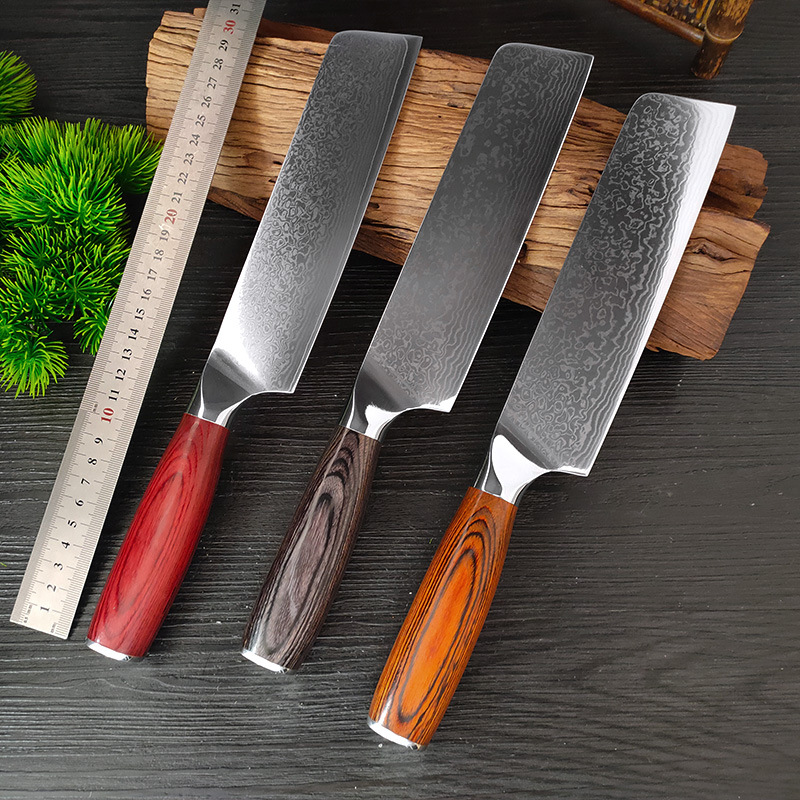Damascus steel Women's small kitchen knife household sliced Chinese kitchen knife fruit knife colored wooden handle kitchen meat knife