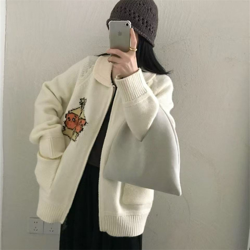 韩系翻领拉链卡通提花减龄针织开衫女秋季宽松慵懒毛衣外套上衣女