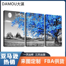 黑白蓝色大树月亮无框画防水3件套风景画芯印刷帆布画客厅