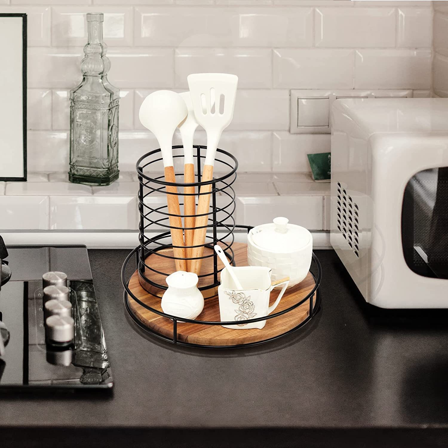 木质旋转置物架铁木结合收纳托盘木质厨房调味品托盘苏珊转盘