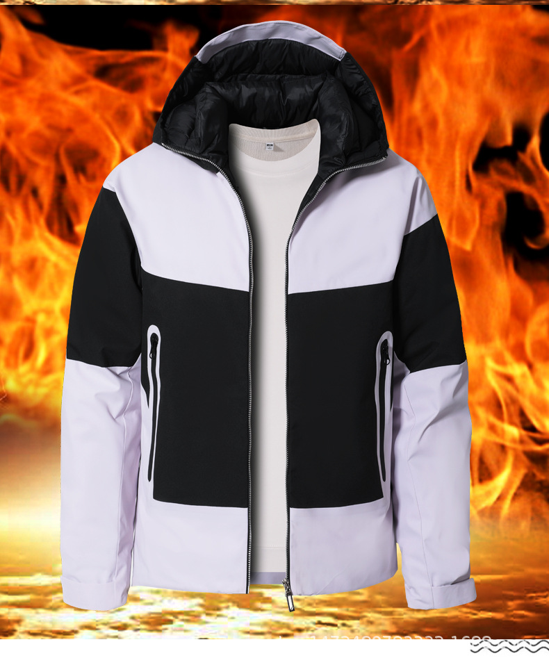 Hombre transfronterizo invierno encapuchado chaqueta juvenil de color contrastante campamento al aire libre impermeable chaqueta de pareja