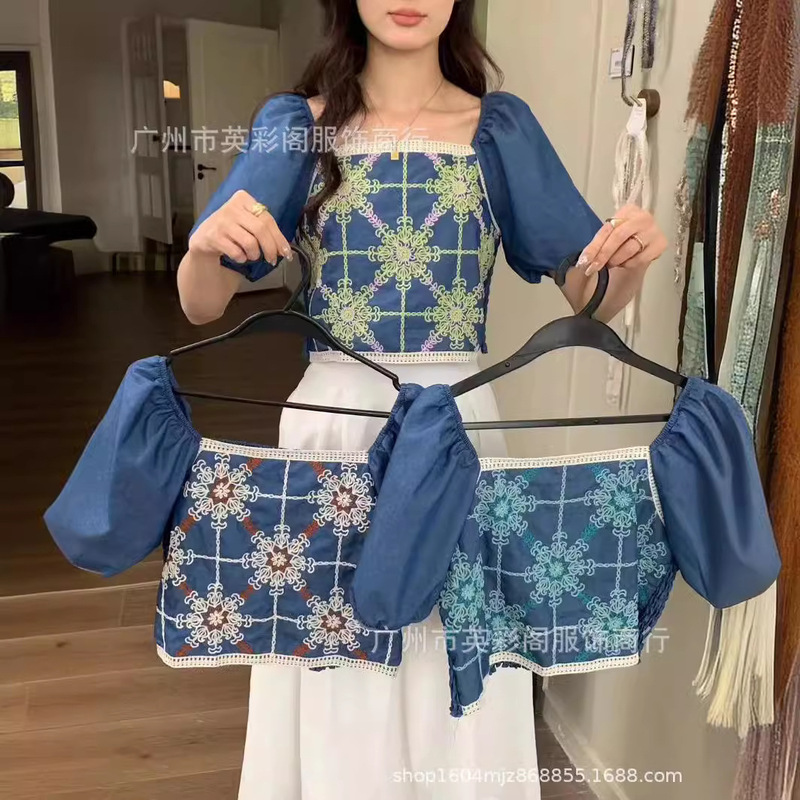 Hot girl blue camisole women's summer outer wear Korean style design sense niche embroidered embroidered short sleeveless top Hot girl blue camisole women's summer outer wear Korean style design sense niche embroidered embroidered short sleeveless top