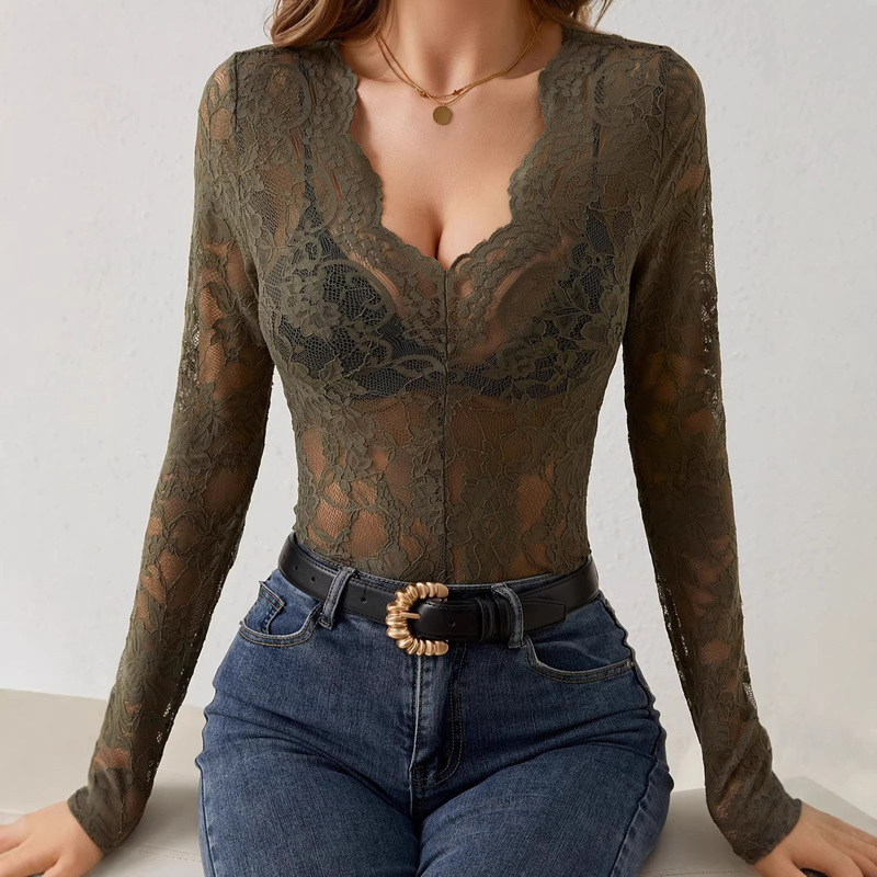European and American Style Lace Shirt with Wavy V-Neck, Sheer Lace, Sexy Slim-Fit Long-Sleeve Bodysuit Top, T-Shirt, Tank Top, Base Layer for Women