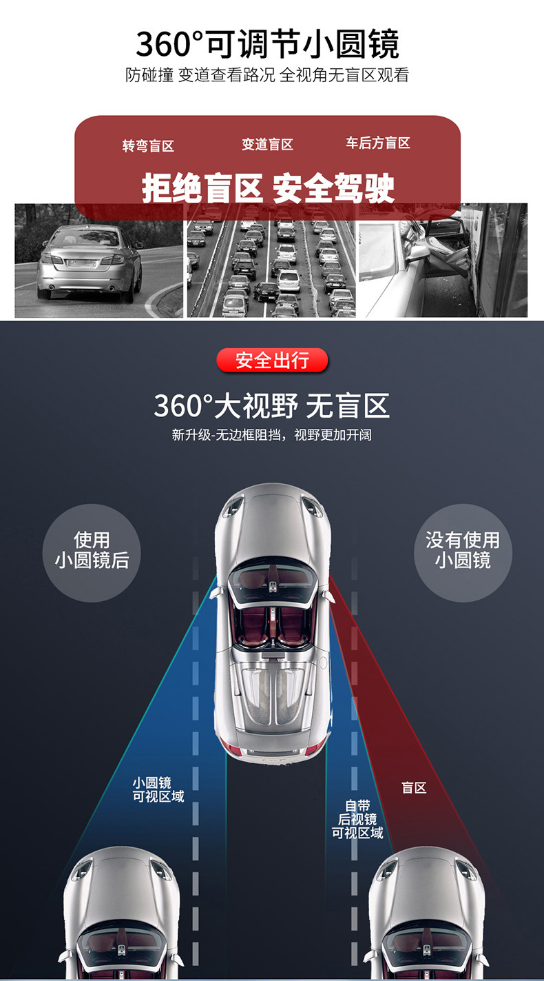 Wide-angle rearview mirror car small round mirror blind spot mirror auxiliary mirror curved base