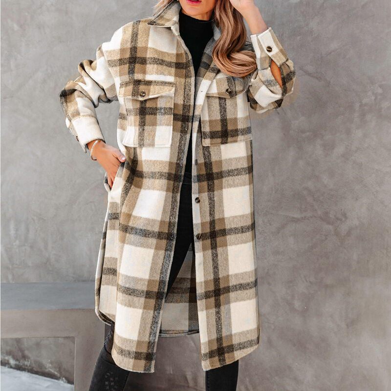 2024 autumn and winter women's cross-border Europe and the United States Amazon plaid button flannel tweed shirt long coat 2024 autumn and winter women's cross-border Europe and the United States Amazon plaid button flannel tweed shirt long coat
