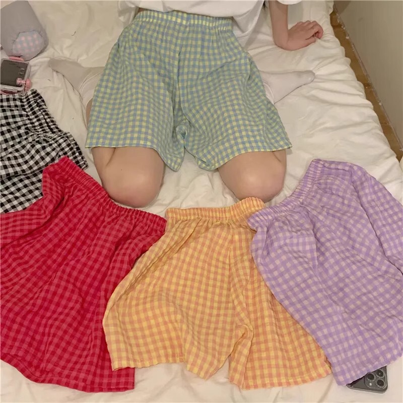 Walking Gods Pants Plaid Pajama Pants Women's Summer Thin Home Lazy Pants Straight Casual Wide Leg Pants Outer Wear Home Shorts