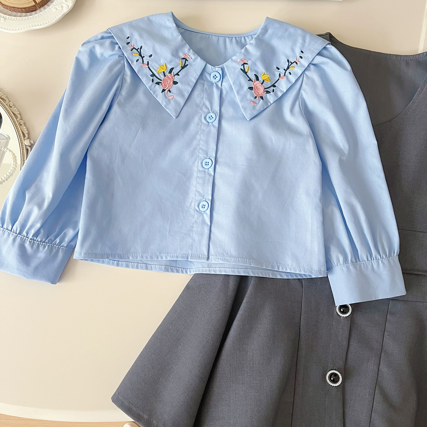 Mädchen Set Aus Langarmhemd Mit Revers Weste Und Rock Für Kinder_voghion.com