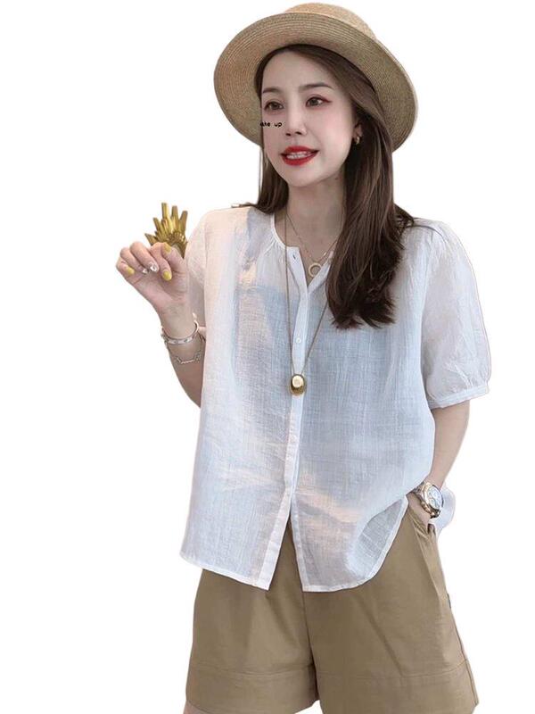 韓国風デザインの女性用半袖シャツ、夏の新しいゆったりとした痩身トップス、肉感をカバーする、シックで美しいラミーシャツ|undefined
