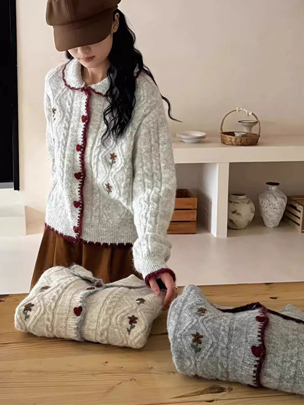 手工花朵刺绣polo领针织开衫女2025秋冬新款韩系甜美百搭毛衣外套|undefined