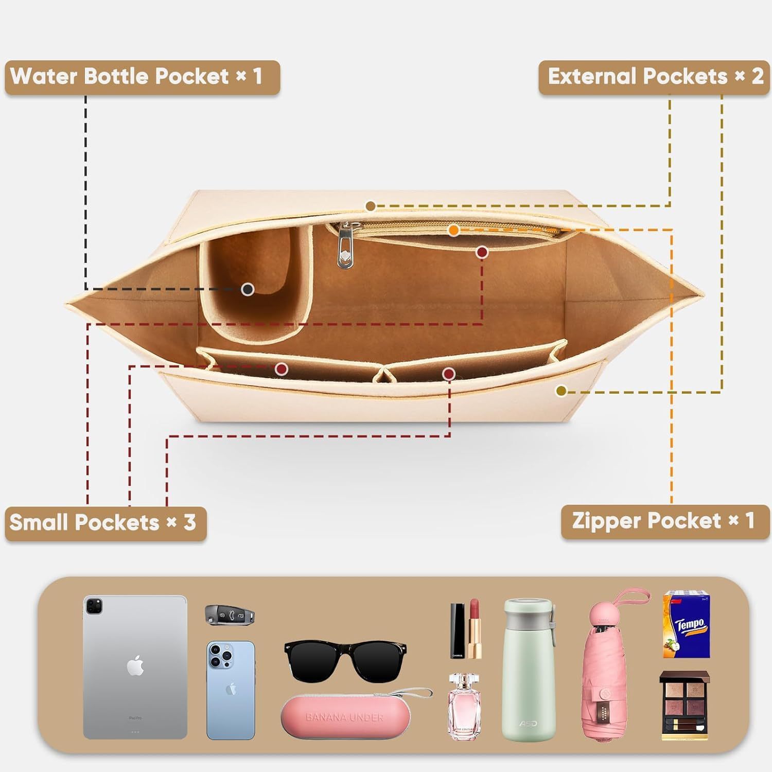 Amazonフェルト収納袋インナーバッグ多ポケットバッグ中入れ餃子バッグ化粧品財布インナーバッグ