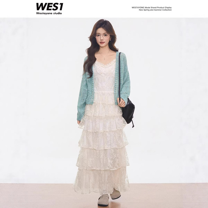 [New Product] Westayone Mint Green Sweater Cardigan + Lace Cake Suspender Dress for Women Spring and Summer New Style