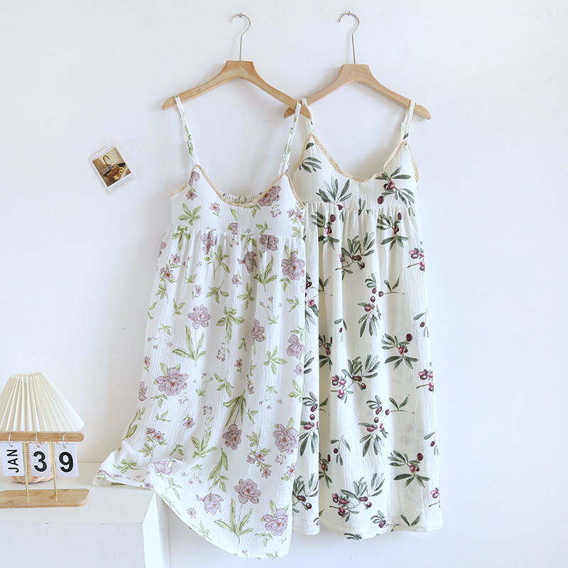 Crepe Chest Pad Sling Nightgown Women's Summer Thin Bra-free Sexy Home Dress Outwear Cross-border Cotton Long Dress