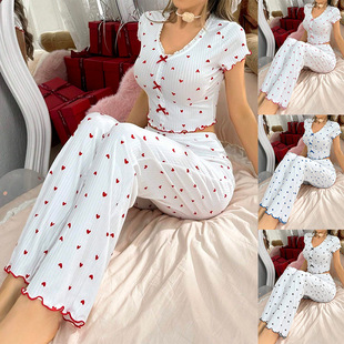European and American Cross-Border Best-Selling Home Clothes Printed Heart V Neck Short-Sleeved Pants Suit Can Be Worn Outside Two-Piece Pajamas for Women