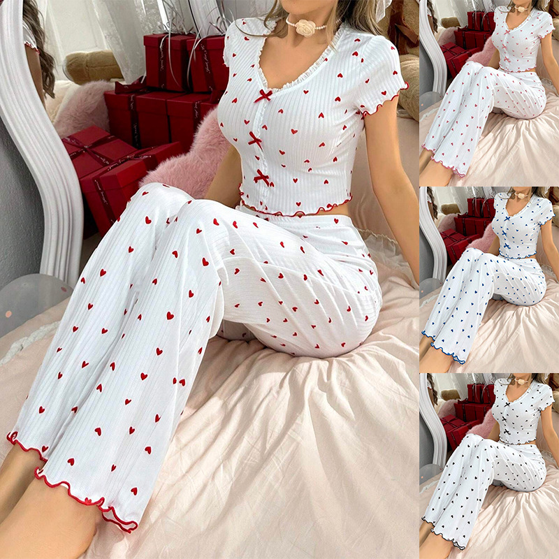 European and American Cross-Border Best-Selling Loungewear, Printed Heart V-Neck Short-Sleeved Long Pants Set, Can Be Worn Outside, Pullover Pajamas for Women
