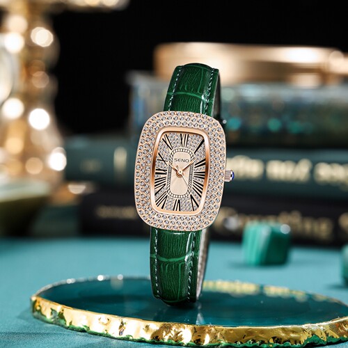 Dropshipping small green strap watch for women live broadcast fashionable square small dial diamond waterproof quartz women's watch