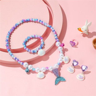 Children's Mermaid Pearl Necklace Beaded Set Dopamine Pearl Shell Cute Princess Necklace Jewelry Set