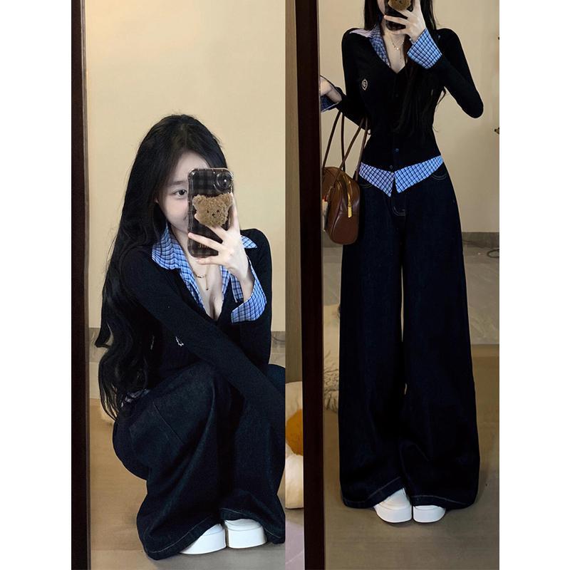 韩系设计感纯欲套装女假两件格纹拼接衬衫甜美修身显瘦牛仔阔腿裤