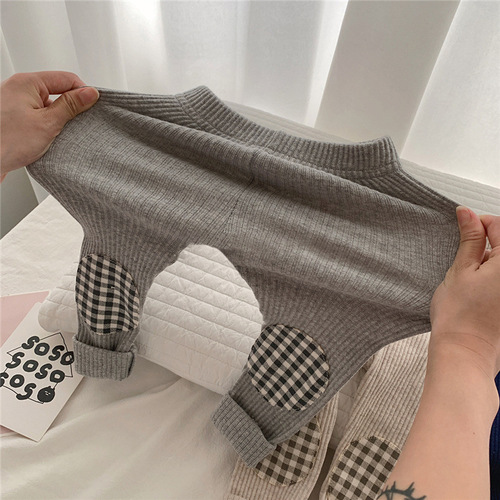  Spring and Autumn Korean Version Infants and Toddlers Ribbed Leggings with Pits and Checkered Cotton Baby Cute Pants