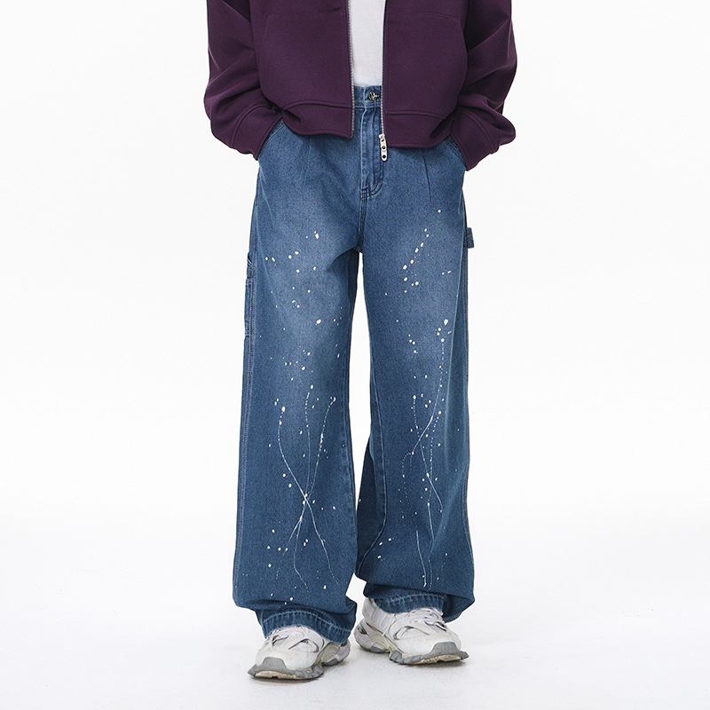 Jie Zhan Men's Clothing | Straight-Leg Lumberjack Jeans 26 Spring/Summer New American Street Style Distressed Washed Splatter Casual Pants