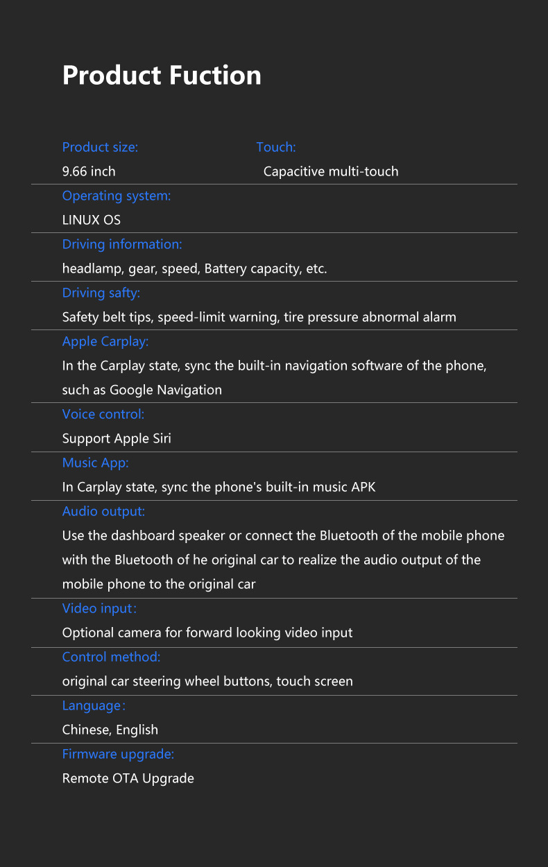 Cross-Border New Products Suitable for Tesla's New Model 3/Y/Wireless Carplay 9.66inch Modified Dashboard