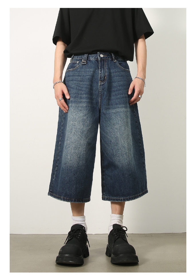 Quần short denim nam ống thẳng dáng suông giặt làm cũ — Denim thô màu xanh, Làm cũ, Màu trắng, Màu đen thô chi tiết 6