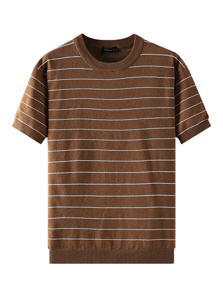 T-shirt de manga corta de punto a rayas de hombre verano de cuello redondo blusa de color contrastante de negocios casual versátil blusa de punto hombre