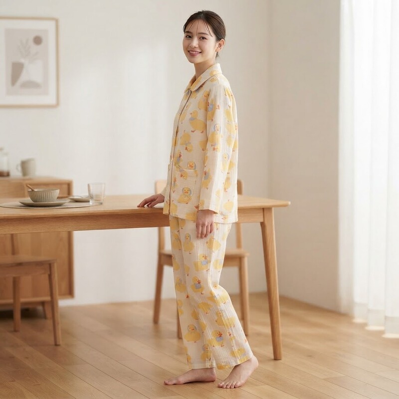 New 100% cotton, Grade A, double-layered, all-cotton gauze, printed with cartoon designs, pure cotton loungewear and pajama set for women, featuring long sleeves and long pants New 100% cotton, Grade A, double-layered, all-cotton gauze, printed with cartoon designs, pure cotton loungewear and pajama set for women, featuring long sleeves and long pants