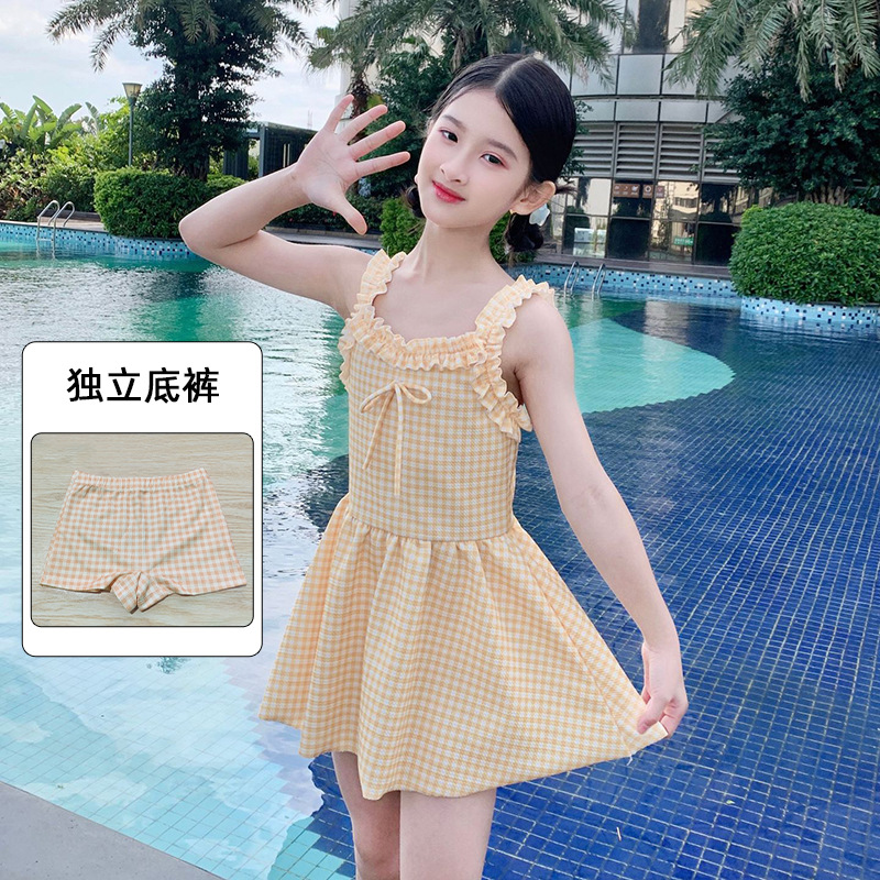 Girls Swimsuit Korean Style Plaid Student Girl 2024 New Summer Sleeveless One-Piece Skirt Style Small Fresh Swimsuit