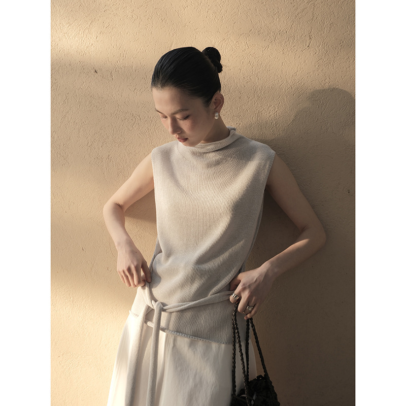 Mmc Waist-Cinching Knit Top for Women, New Spring/Summer Thin Korean-Style Elegant Design Sleeveless Vest Mmc Waist-Cinching Knit Top for Women, New Spring/Summer Thin Korean-Style Elegant Design Sleeveless Vest