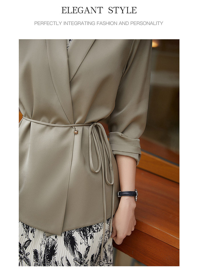 Áo blazer nữ satin thắt eo dáng ôm kiểu Pháp thanh lịch — Trắng ngọc trai, Xám nhạt, Đen đá chi tiết 7