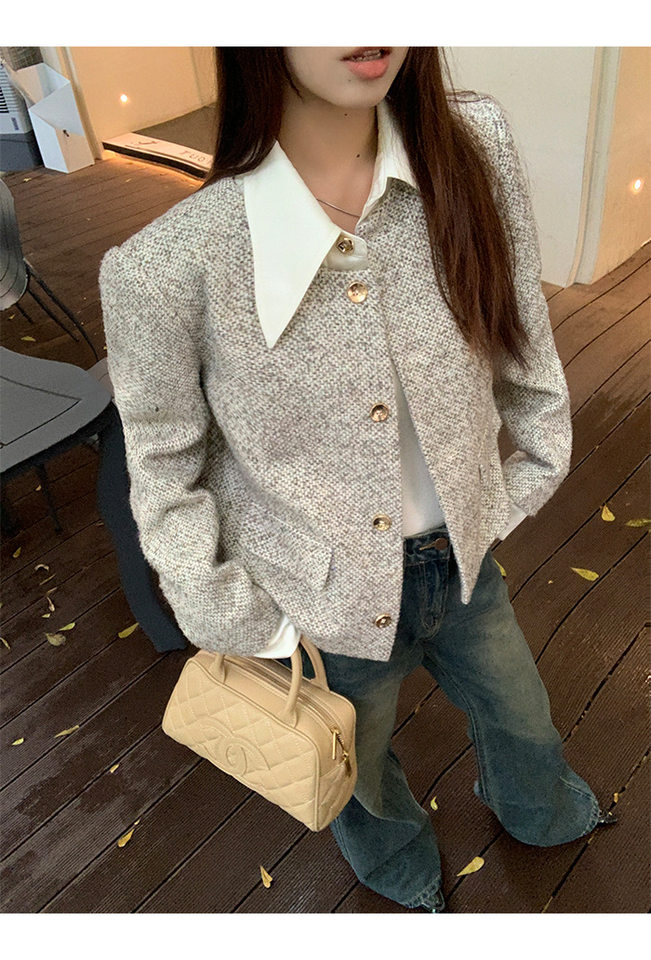 Áo khoác nữ dáng ngắn kiểu sang trọng, tay dài, cổ polo, chất liệu polyester — Hoa màu xám chi tiết 33