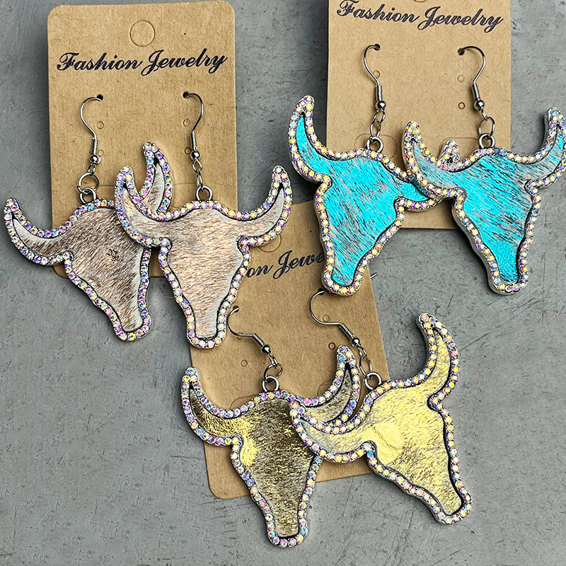 1 Pair Cowboy Style Bull Head Alloy Leather Inlay Rhinestones Women's Drop Earrings display picture 7