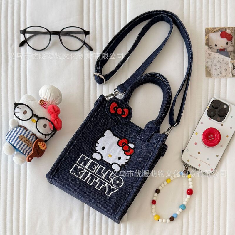 Hello Kitty genuine crossbody bag, Sanrio denim phone bag, cute Hello Kitty niche design shoulder bag Hello Kitty genuine crossbody bag, Sanrio denim phone bag, cute Hello Kitty niche design shoulder bag