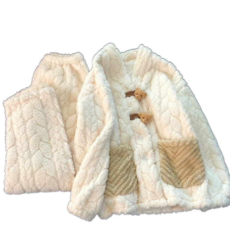 가을 겨울 여성 잠옷, 고급스러운 산호 벨벳 가디건, 울리스 플란넬, 따뜻한 플러스 벨벳 및 두꺼운 여성 가정복