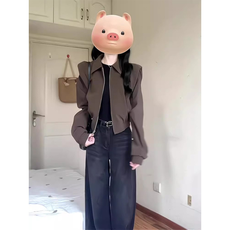深棕色短款垫肩翻领夹克外套女春秋港风复古美拉德穿搭慵懒棒球服|undefined