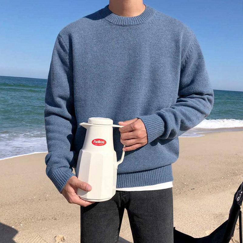 [Big Sale] Sweater Men's Korean Style Loose Round Neck Solid Color Sweater Autumn and Winter Thickened Trbottomyy Boys' Bottoming Shirt