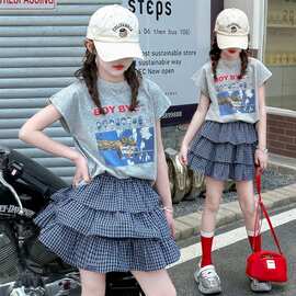 2026新款中大童少女印花T恤蛋糕裙组合套装女童装洋气女大童裙子