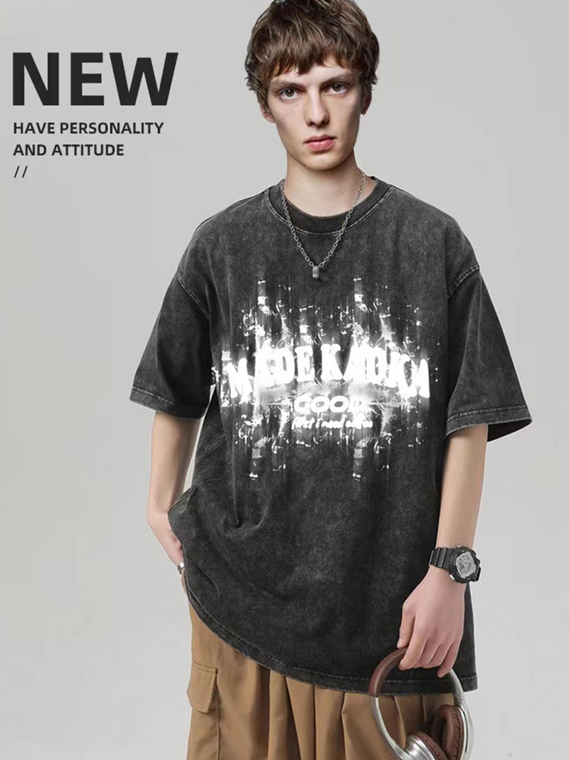 230g hacer vieja camiseta de manga corta impresión masculina cuello redondo suelto oversize vintage marca de moda blusa de moda universal