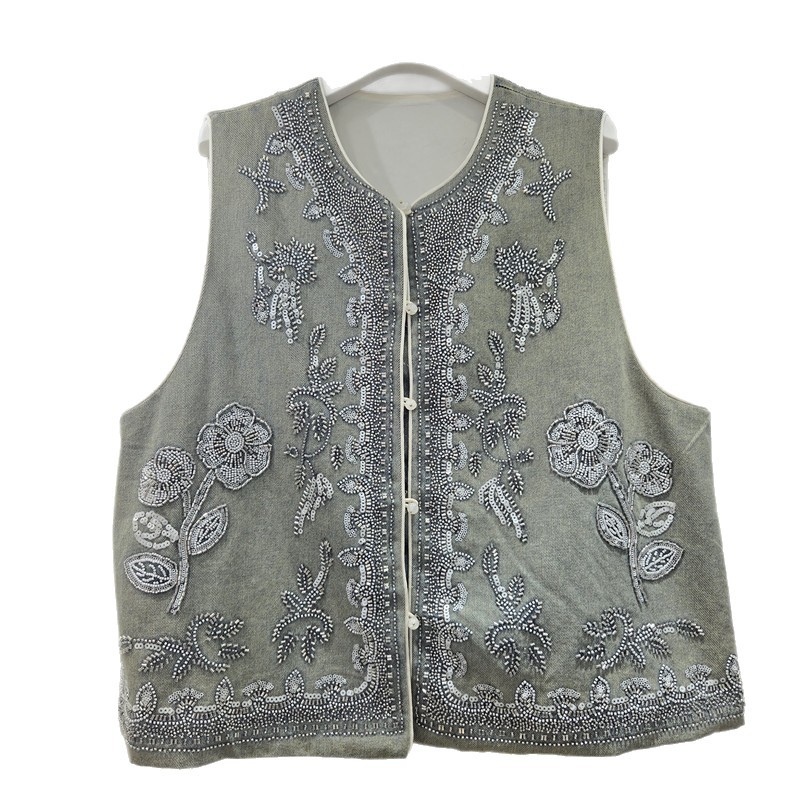 Retro estilo nacional de la industria pesada bordada con cuentas de clavos chaleco de vaquín de cuello redondo vestimenta de mujer plegable alta sensación chaqueta de mujer image 5