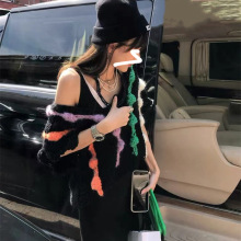 2023早春新款粗棒针彩色条纹球球宽松毛衣女马甲背心sweater