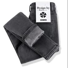 加绒加厚牛仔裤女长裤高腰秋冬新款修身显瘦小脚棉裤牛仔棉水洗