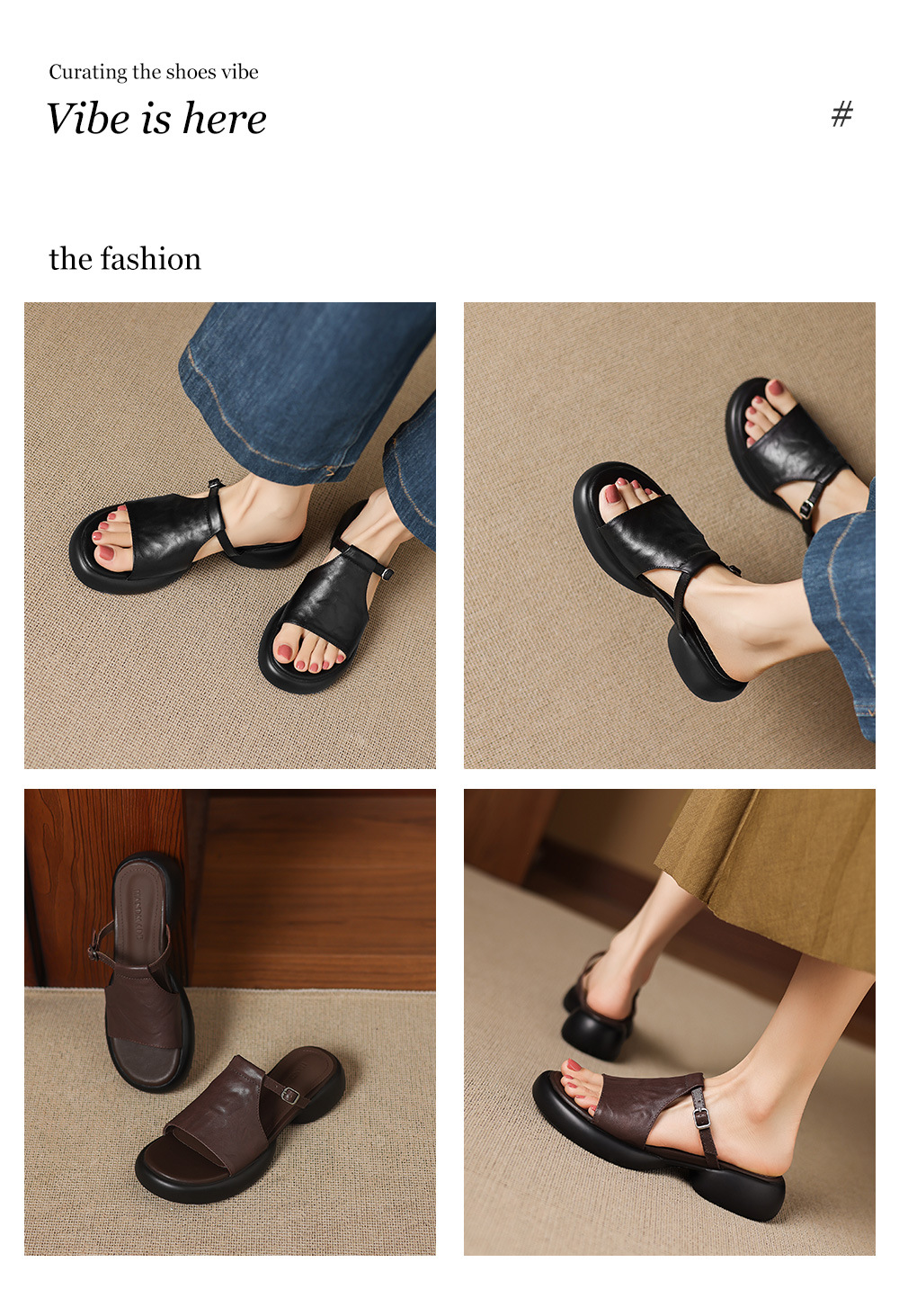 Sandal hở mũi nữ quai ngang đế dày da bò — màu nâu chi tiết 1