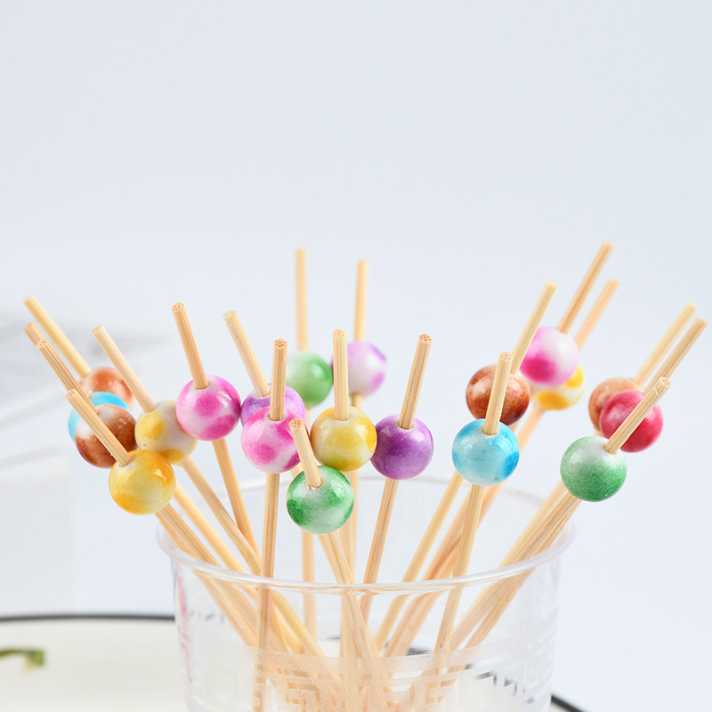 Cuentas coloridas horquilla de fruta de bambú desechable horquilla de vino de moda de hamburguesas de lujo decoración de pastel horquilla platos de fruta cubiertos