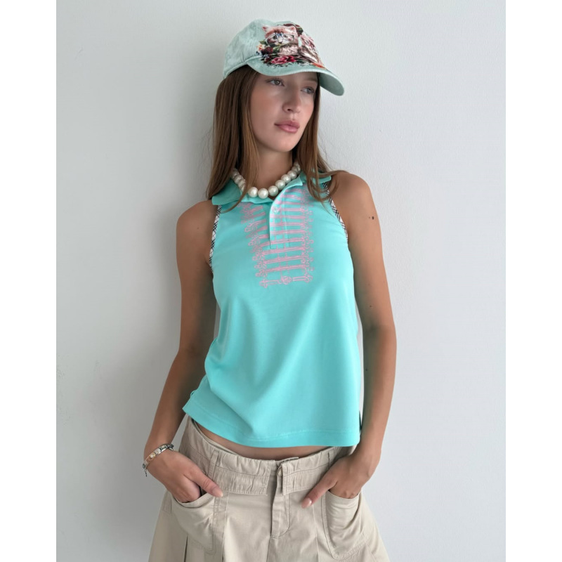 Trendy Niche Design Versatile Printed Spicy Girl Top Sleeveless American Retro Vintage Polo Collar Tank Top Trendy Niche Design Versatile Printed Spicy Girl Top Sleeveless American Retro Vintage Polo Collar Tank Top