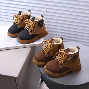 Boys' British-style Winter Warm fleece-lined Martin Boots Girls' Outdoor Non-slip Stitching Soft Bottom All-match Fashionable Ankle Boots