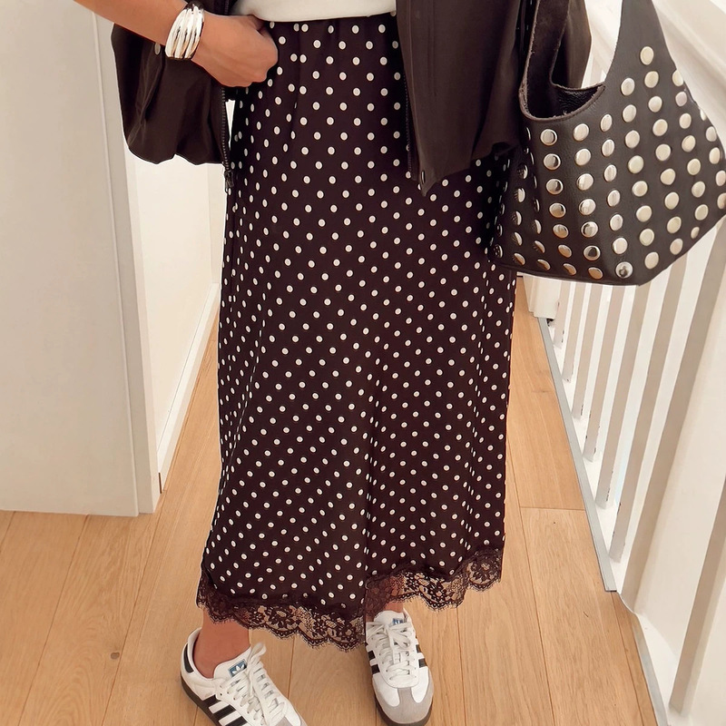 Elegant European and American style polka dot print drapey skirt for women, 2026 autumn new lace-trimmed long skirt for women Elegant European and American style polka dot print drapey skirt for women, 2026 autumn new lace-trimmed long skirt for women